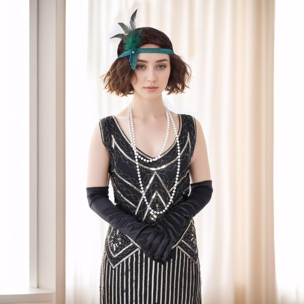 1 Pcs 1920s Flapper Headpiece Green Feather Headband Roaring 20s Gatsby Hair Acc - Picture 2 of 8